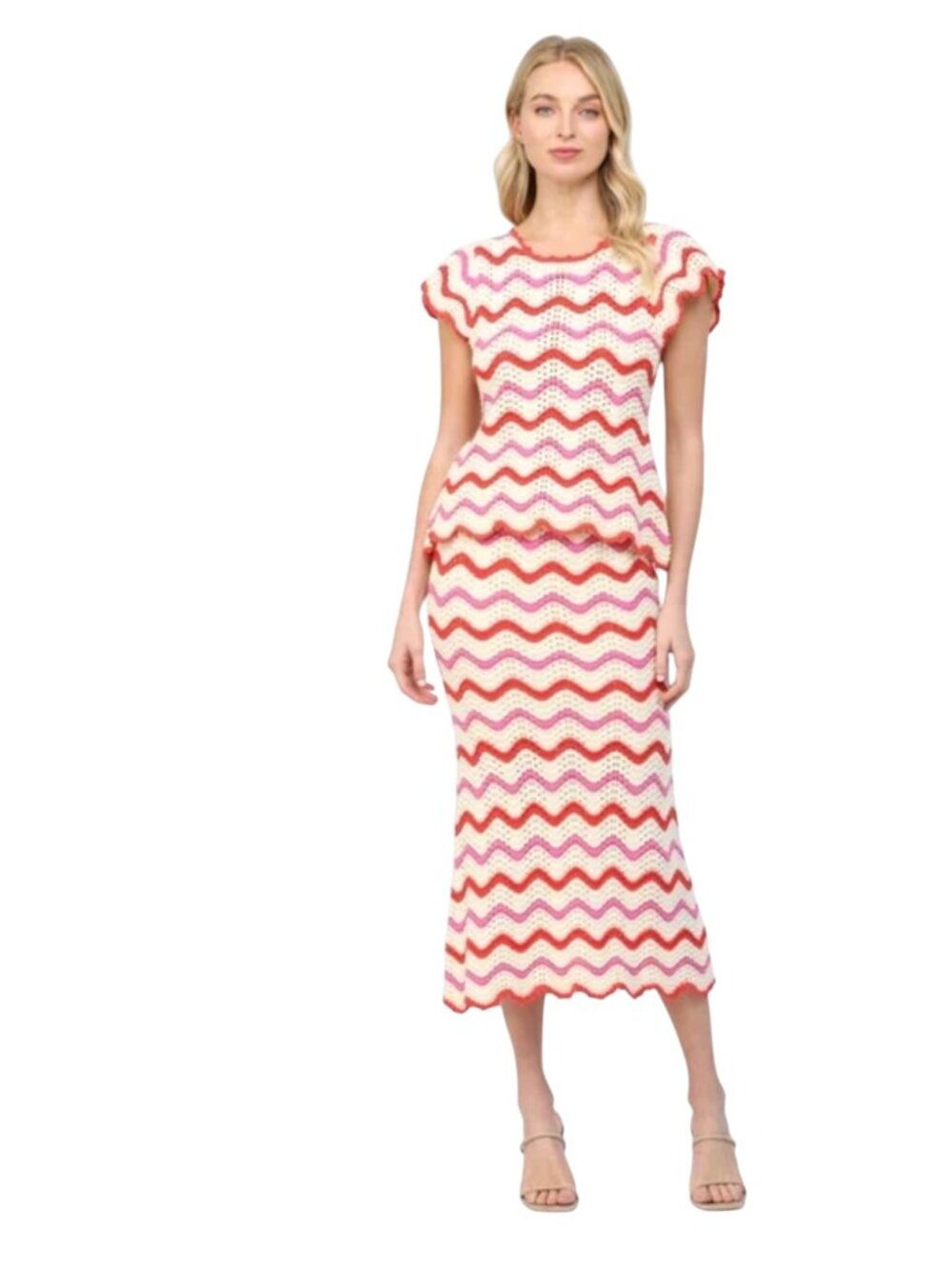 FATE Chevron Wavy Stripe Crochet Knit 2-Piece Top and Midi Skirt Set